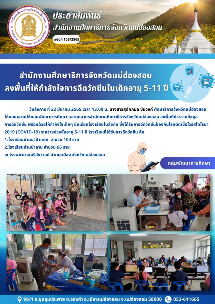 สำนักงานศึกษาธิการจังหวัดแม่ฮ่องสอน ลงพื้นที่ให้กำลังใจการฉีดวัคซีนในเด็กอายุ 5 – 11 ปี