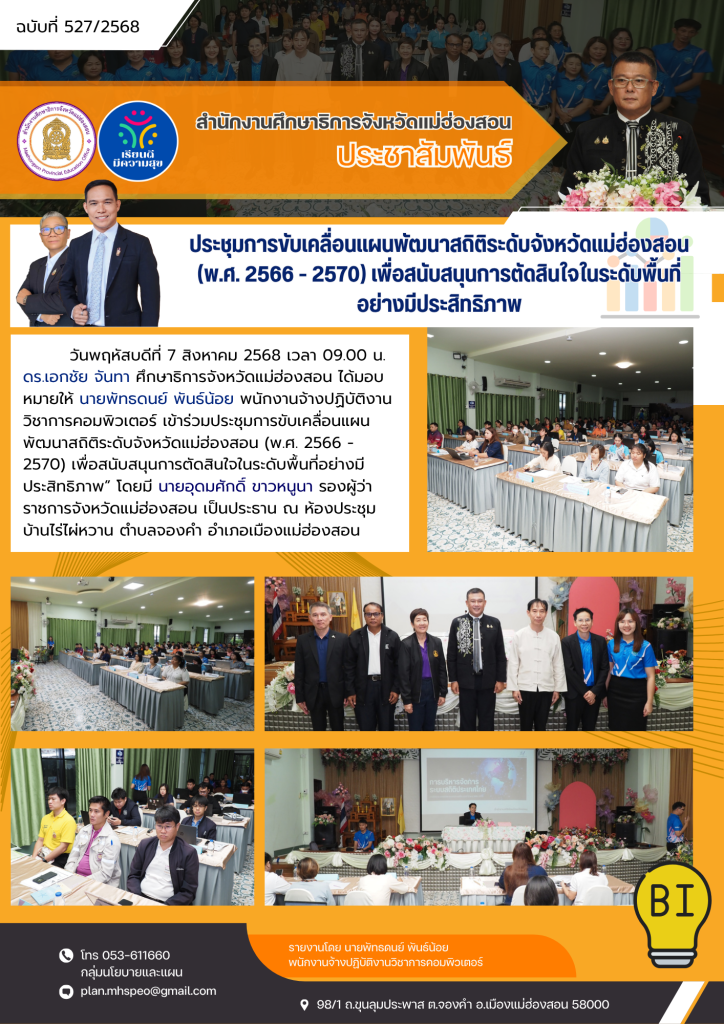 ประชุมการขับเคลื่อนแผนพัฒนาสถิติระดับจังหวัดแม่ฮ่องสอน (พ.ศ. 2566 – 2570) เพื่อสนับสนุนการตัดสินใจในระดับพื้นที่อย่างมีประสิทธิภาพ